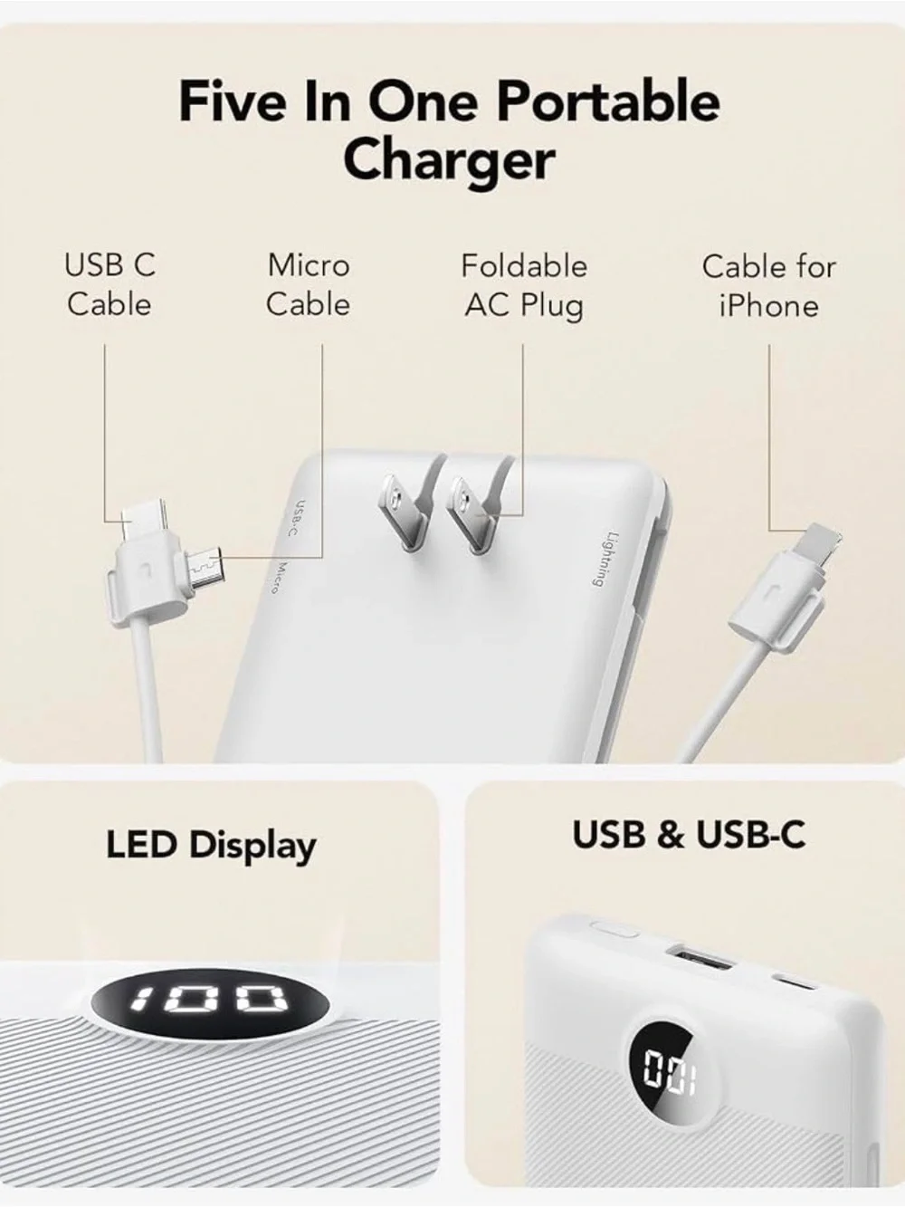 NEW VRURC 10000mAh Portable Charger Power Bank w/ Built-In AC Plug - White